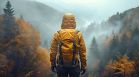Person in yellow jacket with backpack overlooking foggy autumn forest valley with colorful fall foliage and misty mountains in background.