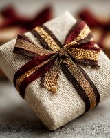 Elegant gift wrapped in natural linen fabric with burgundy, brown and gold ribbon bow, perfect for rustic holiday or wedding celebrations.