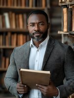 African American professional man in grey blazer and white shirt holding book in library setting, with warm lighting and bookshelves background. Confident expression.