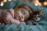 Young child peacefully sleeping with adorable tabby kitten on soft blue bedding with warm bokeh lights creating cozy bedroom atmosphere.