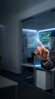 Businessman in dark suit touching holographic display with financial charts, growth indicators, and upward arrows showing market performance and data analytics.