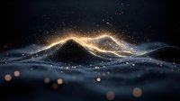 Glowing golden waves of light flow over dark abstract landscape with sparkling particles and bokeh effects creating magical atmospheric scene.
