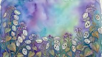 Watercolor illustration of delicate white flowers with green stems arranged along bottom border against soft purple, blue, and green gradient background, suitable for greeting cards and design projects.