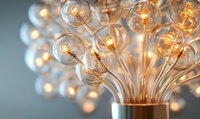 Modern glass bulb chandelier with glowing filaments creating warm ambient lighting against neutral background. Elegant interior design element.
