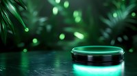 Glowing green cosmetic jar on dark reflective surface with tropical leaves and bokeh lights in background, luxury skincare product photography.