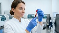 Female laboratory technician in white coat examining blood sample in test tube wearing blue gloves in modern medical research facility for diagnostic testing.