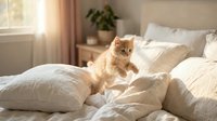 Fluffy ginger kitten sitting on white bedding in a bright bedroom with pillows and natural sunlight, perfect for pet and home decor content.