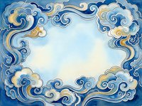 Ornate blue and gold cloud border frame with swirling decorative elements on light background for greeting cards and invitations.