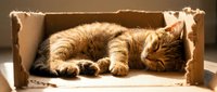 Tabby cat curled up sleeping peacefully inside a cardboard box, bathed in warm sunlight. Cozy pet resting concept.