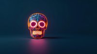 Glowing neon sugar skull sign with colorful floral patterns on dark background, illuminated Mexican calavera design creates mystical atmosphere with pink reflection.