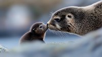 Tender moment between mother harbor seal and her pup touching noses on rocky shore, showing natural parenting behavior and bonding in marine mammals.
