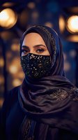 Middle Eastern woman wearing elegant embroidered hijab and decorative face mask with golden bokeh lights in background for cultural fashion concepts.