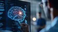 Digital brain hologram on medical display with doctor analyzing neural activity data in modern hospital laboratory for neuroscience research and diagnosis.