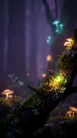 Glowing firefly on moss-covered tree branch in enchanted forest with mushrooms and magical purple light creating mystical woodland atmosphere at night.