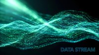 Digital data stream with flowing turquoise particles and waves on dark background. Represents technology, information flow, and cyber connectivity for digital transformation projects.