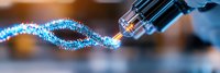 Glowing blue light stream flowing from fiber optic cable tip against dark background, modern digital communication technology concept panoramic view.