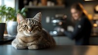 Gray tabby cat with attentive expression lying on table in modern cafe interior, paws crossed, blurred background with customer and warm lighting atmosphere.