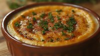 Creamy baked casserole with melted cheese and fresh herbs in ceramic dish, comfort food ready to serve for family dinner or restaurant menu presentation.