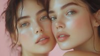 Young women with glowing natural makeup, dewy skin, and glossy lips pose close together against soft pink background, showcasing fresh beauty and skincare aesthetic.