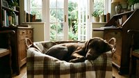 Chocolate labrador retriever dog sleeping peacefully on plaid cushioned window seat in cozy home library with wooden furniture and natural light.