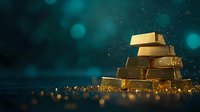 Gold bars stacked in pyramid shape on dark background with teal bokeh lights and golden glitter, luxury wealth concept for financial investments.