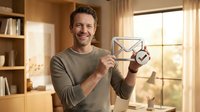 Man holding envelope icon with checkmark, representing email confirmation, message delivery, approved correspondence, and digital communication success in modern office environment.