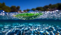 Green leaf floating on water surface with underwater view and bokeh light effects, split-level nature photography showing above and below waterline perspective.