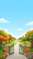 Autumn countryside estate entrance with open wrought iron gates, tree-lined driveway, colorful foliage, and distant manor house under blue sky with white clouds.