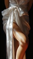 Elegant female figure draped in flowing white silk fabric against dark background, with dramatic lighting highlighting curves and textile folds. Artistic fashion study.