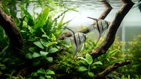 Striped freshwater fish swimming among aquatic plants and driftwood branches in a planted aquarium environment with green vegetation.
