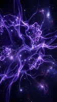 Purple glowing neurons with synaptic connections in cosmic space background for medical and scientific presentations.
