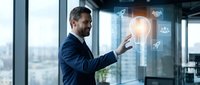 Professional businessman in navy suit interacting with futuristic holographic interface displaying digital icons in modern office environment.