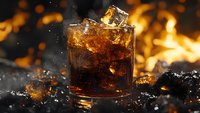 Glass of cola drink with ice cubes on dark background with golden bokeh lights and water splashes, refreshing carbonated beverage in dramatic lighting.
