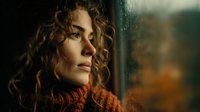 Young woman with curly hair looking through rain-covered window wearing orange sweater in contemplative mood during autumn season.