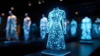Glowing blue hologram dress floating in dark space with multiple reflections. Futuristic fashion technology concept showing illuminated garment display.
