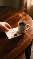 Hand placing a thank you card with wax seal beside a steaming coffee mug on a warm wooden table, evoking gratitude and cozy moments.
