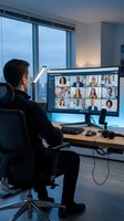Professional businessman participating in video conference call with diverse team members displayed on computer monitor in modern office workspace.