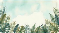 Tropical foliage frame with watercolor botanical leaves and ferns on soft blue background, isolated design element for invitations, cards, and web graphics.