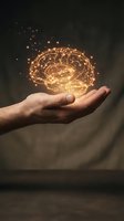 Glowing brain hologram floating above open palm with golden light particles representing artificial intelligence, innovation and mental power concepts.