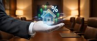 Professional businessman hand presenting digital house icon with percentage symbol for mortgage rates and real estate investment concepts.