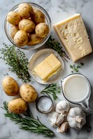Fresh potatoes, parmesan cheese, butter, milk, herbs and garlic on marble background for making creamy mashed potatoes or potato gratin.