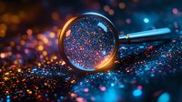 Magnifying glass reveals magical sparkles and glowing particles against dark background with blue and orange bokeh lights creating dreamy macro photography effect.