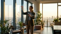 Professional African American businessman in suit gesturing while speaking on phone in modern office with city view and plants during golden hour.