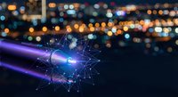 Digital network connection with glowing nodes and data links against blurred city lights background for technology and communication concepts.