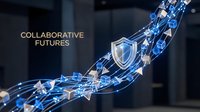 Digital security chain with glowing blue connections and shield icons representing collaborative cybersecurity network technology for business protection.