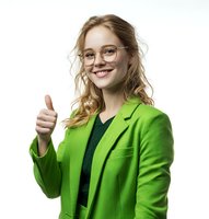 Young professional woman with wavy hair wearing bright green blazer and glasses showing thumbs up gesture against white background. Positive business concept.