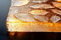 Golden amber cannabis concentrate macro shot showing crystalline texture and translucent surface with warm highlights on dark background.