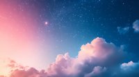 Dreamy pink and blue twilight sky with fluffy cumulus clouds illuminated by setting sun and bright stars in dark space atmosphere. Magical celestial background.