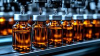 Amber glass vials on pharmaceutical production line with automated filling equipment. Quality control process in modern manufacturing facility. Medical industry concept.