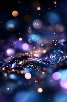 Magical glowing bokeh lights and sparkles on dark blue background with flowing wave element creating dreamy atmospheric effect for festive designs.